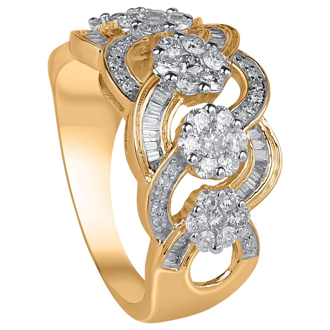Absolutely eye catching with an exquisite design, this diamond ring is studded with 61 brilliant and 32 baguette diamonds in channel and pressure setting. Crafted in 10KT yellow gold, diamonds are graded HI color, I2 clarity.    

Metal color and