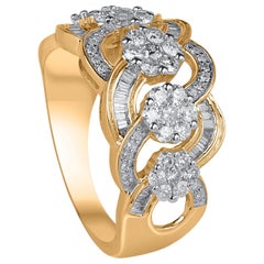 TJD 1.0 Carat Round and Baguette Diamond 10 Karat Yellow Gold Wave Wedding Ring
