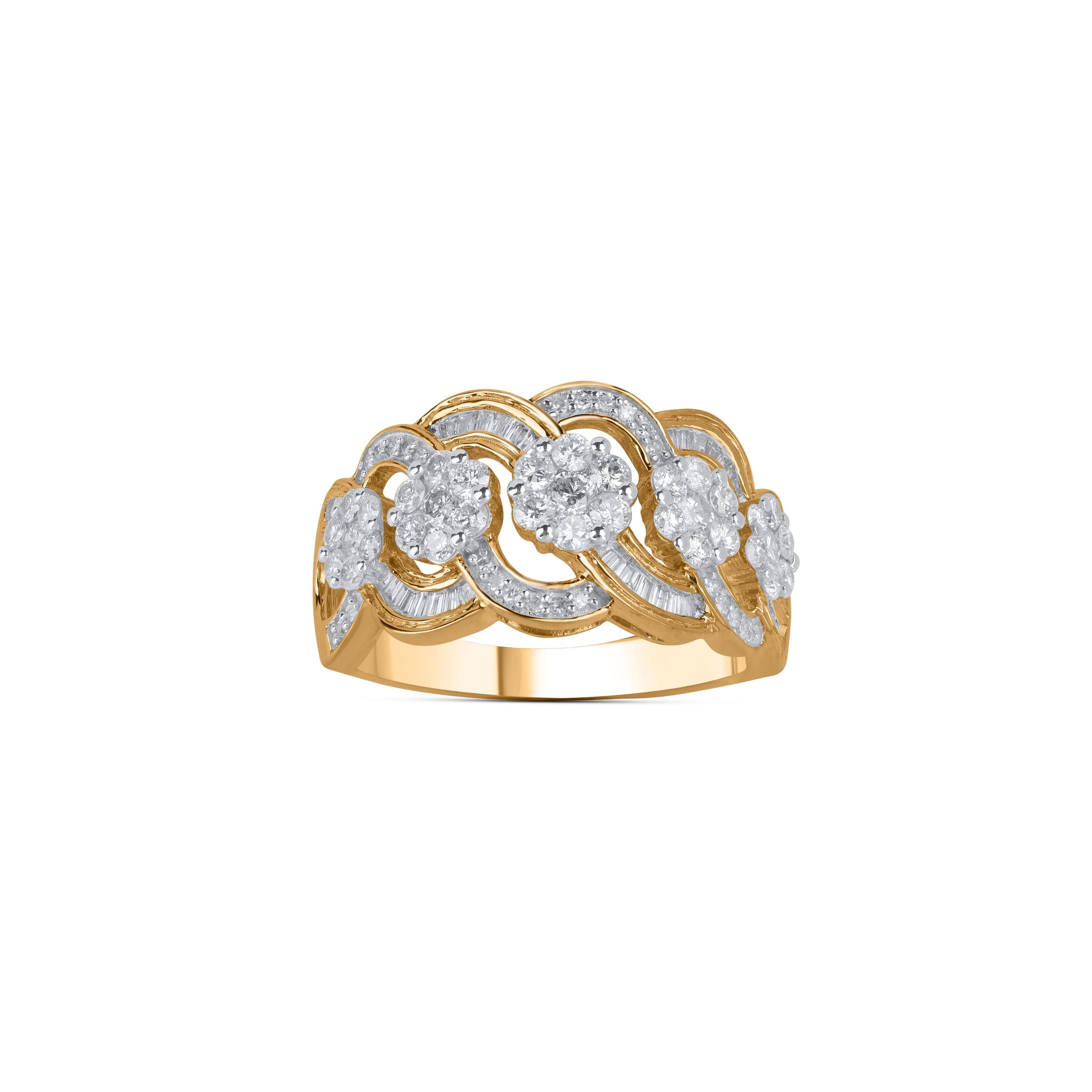 Modern TJD 1.0 Carat Round and Baguette Diamond 10 Karat Yellow Gold Wave Wedding Ring For Sale