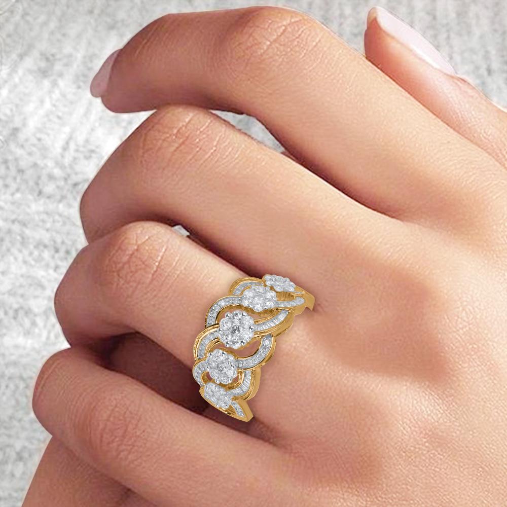 Round Cut TJD 1.0 Carat Round and Baguette Diamond 10 Karat Yellow Gold Wave Wedding Ring For Sale