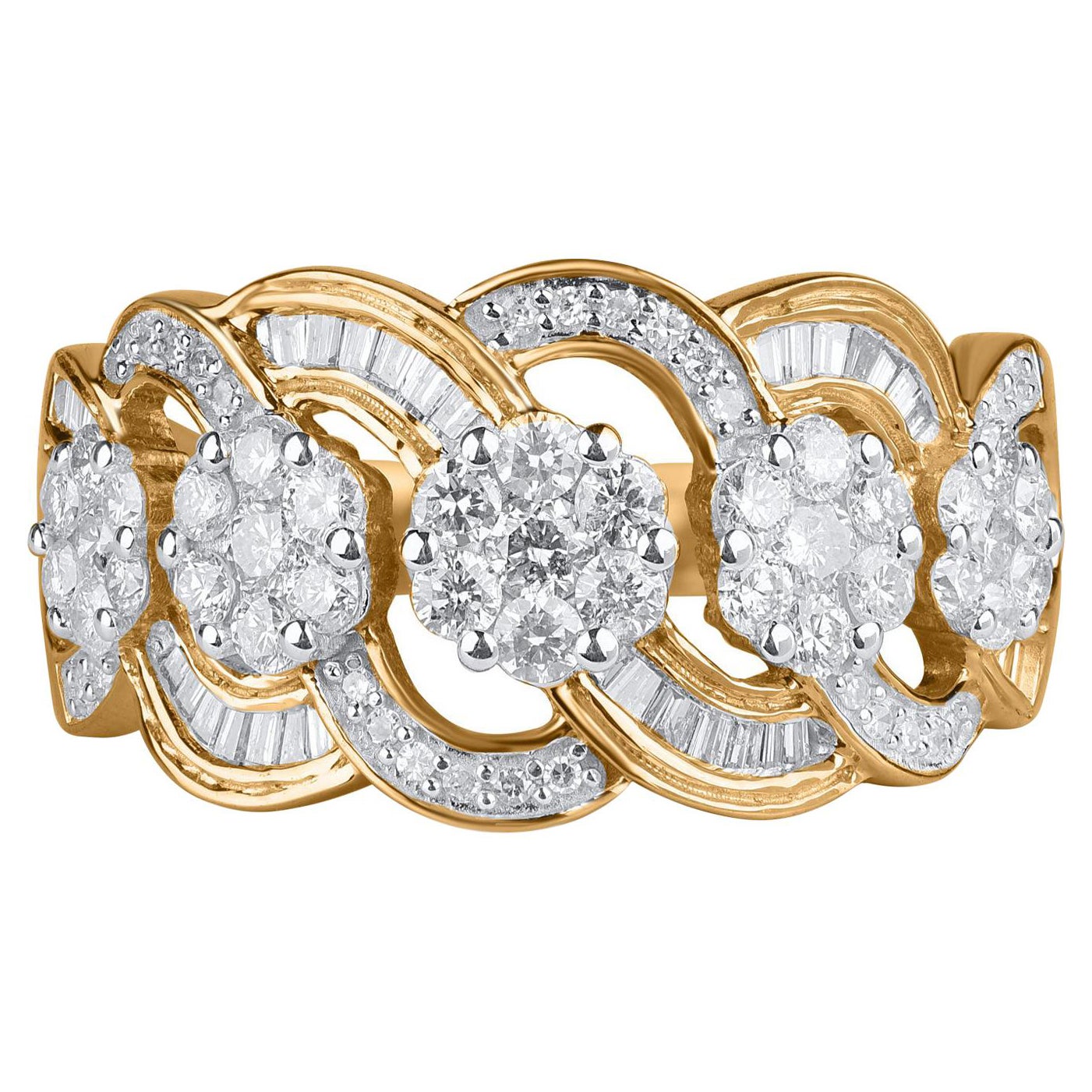 TJD 1.0 Carat Round and Baguette Diamond 10 Karat Yellow Gold Wave Wedding Ring
