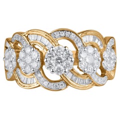 TJD 1.0 Carat Round and Baguette Diamond 10 Karat Yellow Gold Wave Wedding Ring