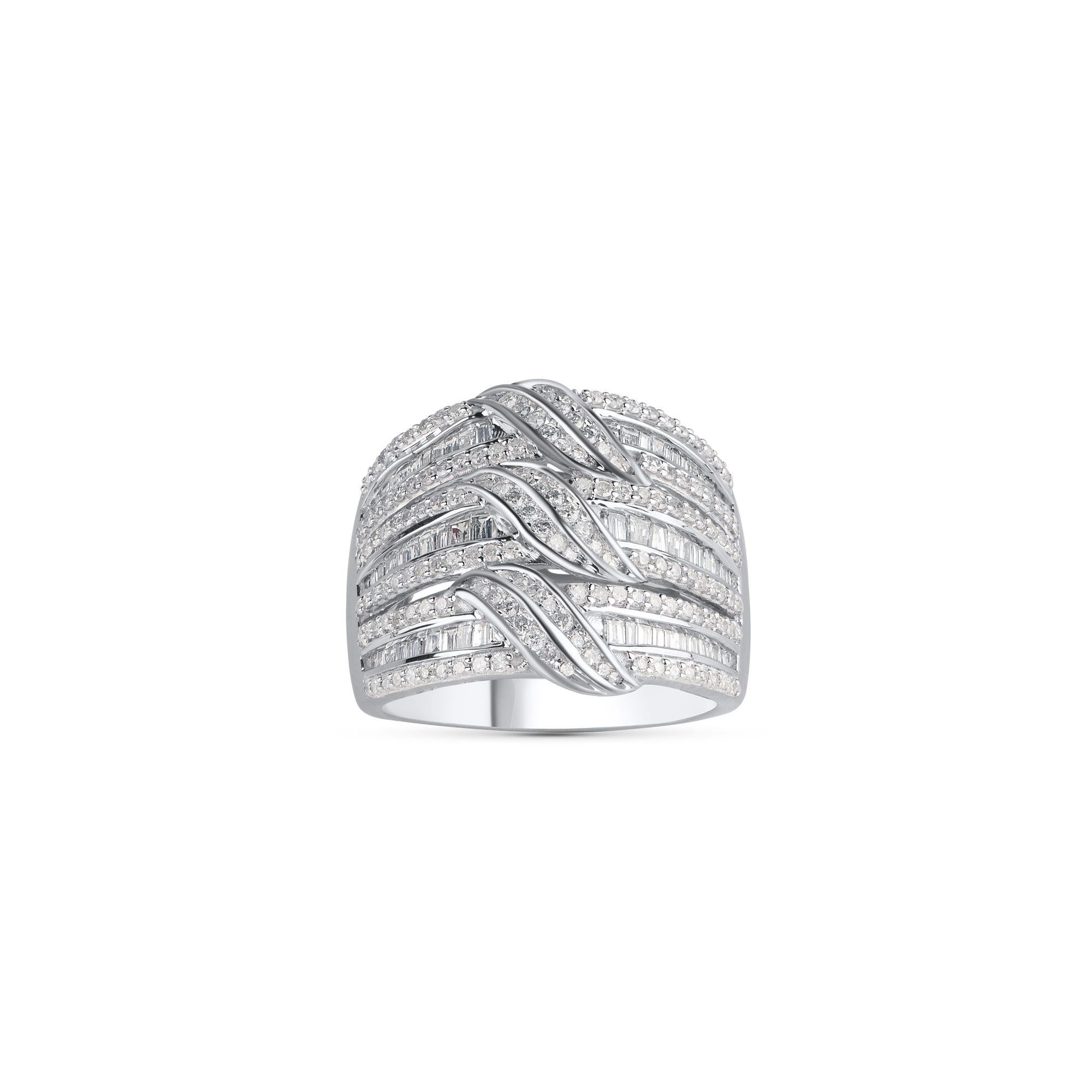 Modern TJD 1.0 Carat Round and Baguette Diamond 10KT White Gold 3-Wave Designer Ring For Sale