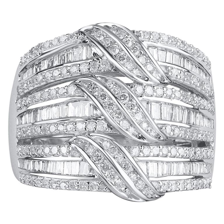 TJD 1.0 Carat Round and Baguette Diamond 10KT White Gold 3-Wave Designer Ring For Sale