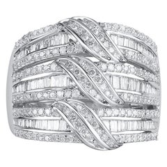 TJD 1.0 Carat Round and Baguette Diamond 10KT White Gold 3-Wave Designer Ring