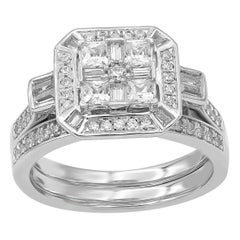TJD 1.0 Carat Round and Baguette Diamond 14 Karat White Gold Bridal Set Ring