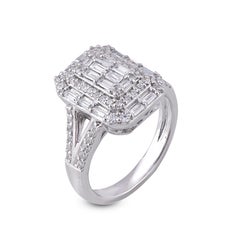 TJD 1,0 Karat runder und Baguette-Diamant 14 Karat Weißgold Cluster Halo-Ring
