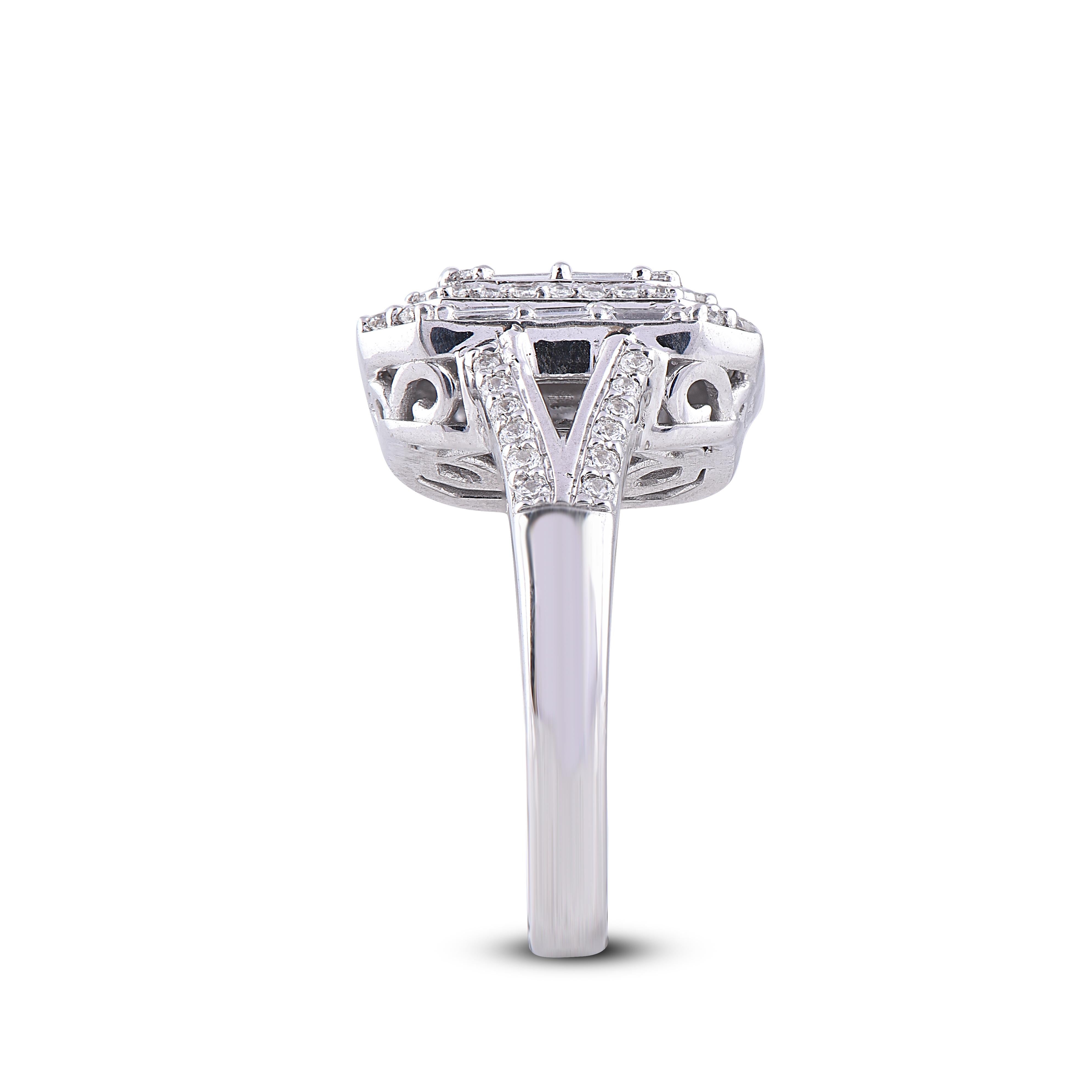TJD Anello con diamanti tondi e baguette da 1,0 carati in oro bianco 14 carati In condizioni Nuovo in vendita a New York, NY