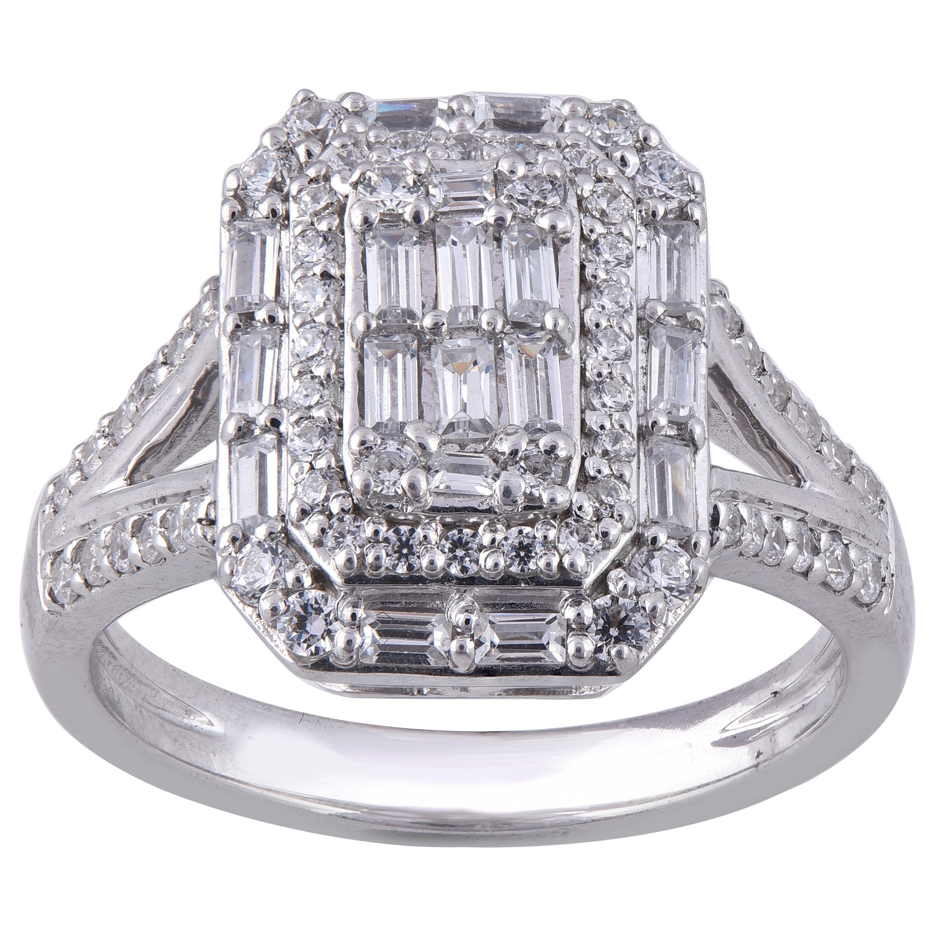 TJD 1.0 Carat Round and Baguette Diamond 14 Karat White Gold Cluster Halo Ring