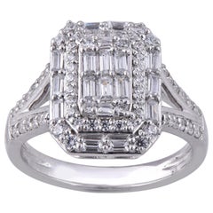 TJD 1.0 Carat Round and Baguette Diamond 14 Karat White Gold Cluster Halo Ring