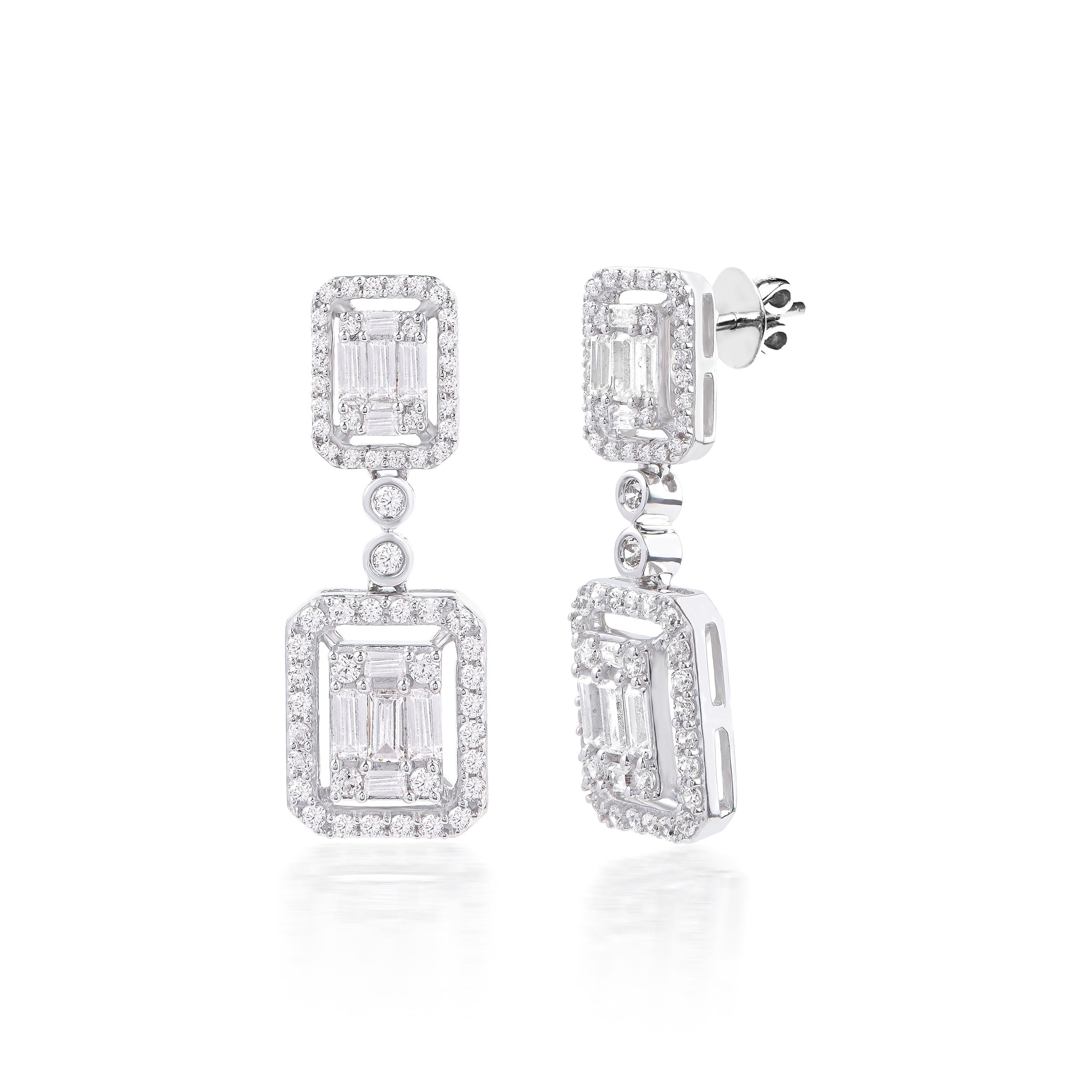Embedded with 116 brilliant-cut diamonds and 20 Baguette diamonds in prong and bezel setting and designed in 14-karat white gold. The diamonds are graded H-I Color, I2 Clarity. 

We can customized these earrings in yellow or rose gold as well.