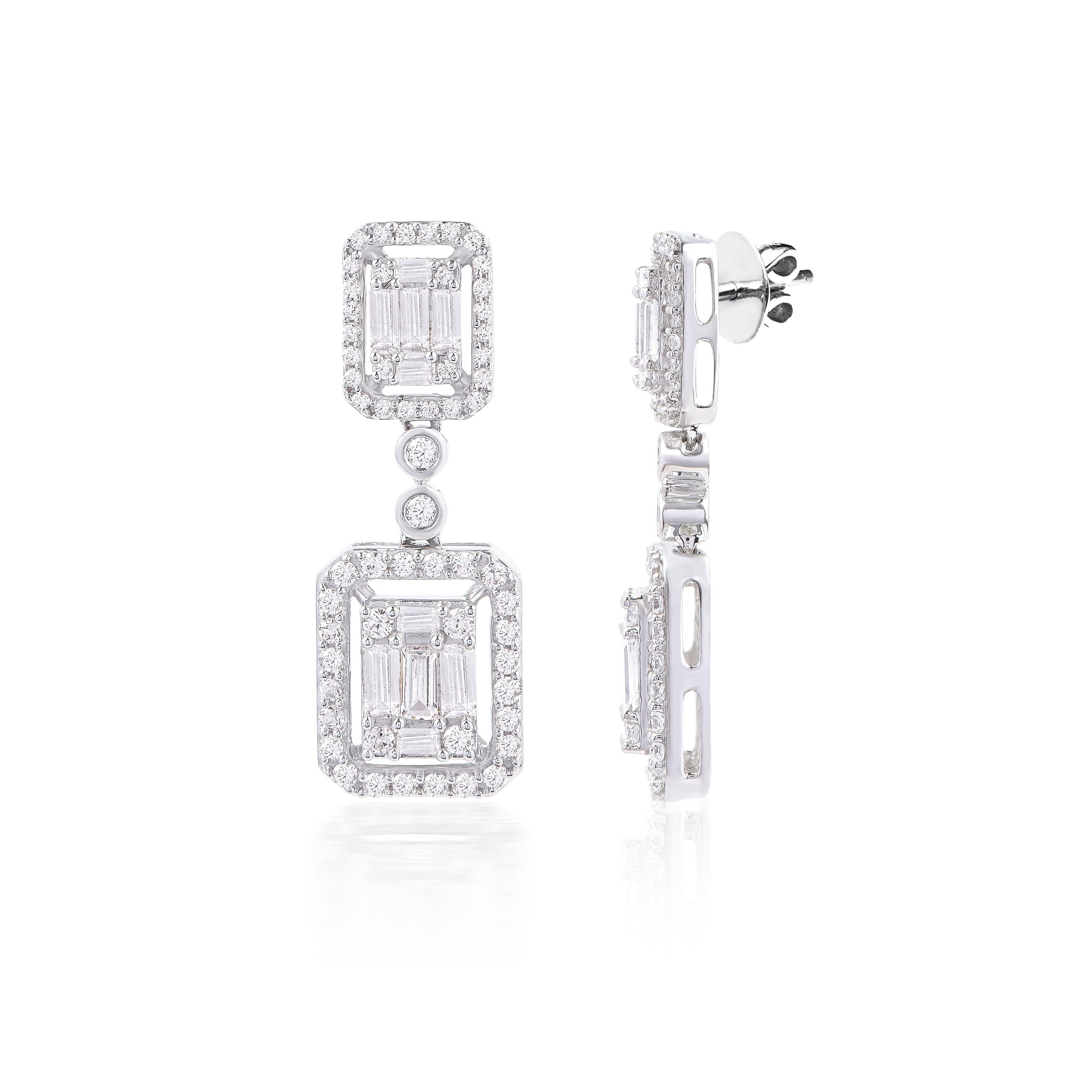 Contemporary TJD 1.0 Carat Round and Baguette Diamond 14 Karat White Gold Dangle Earrings For Sale