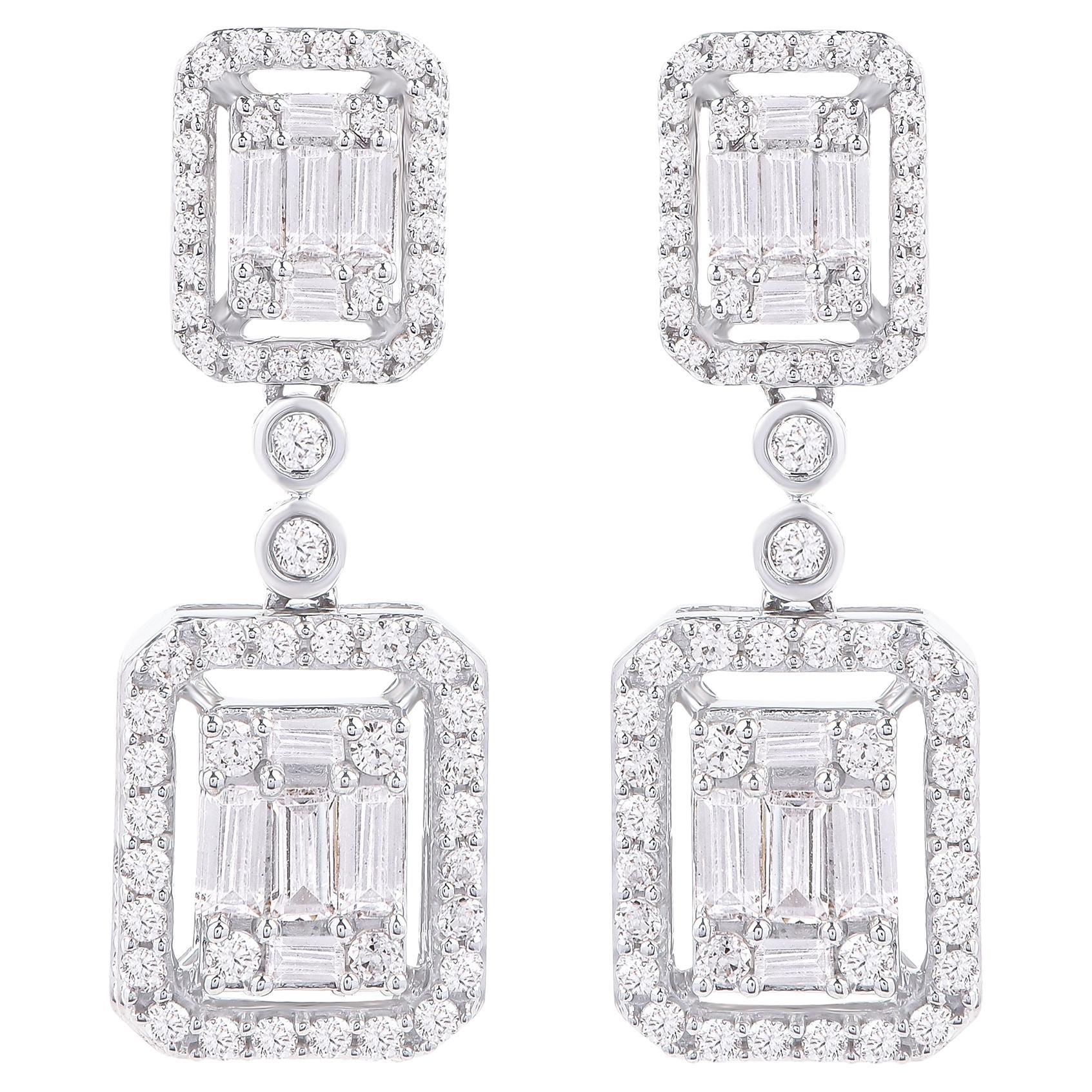 TJD 1.0 Carat Round and Baguette Diamond 14 Karat White Gold Dangle Earrings For Sale