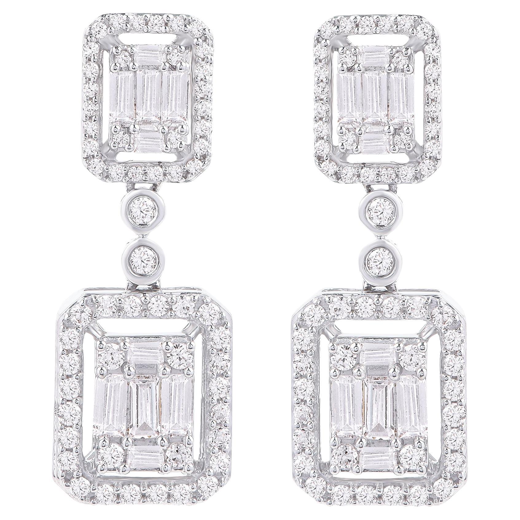 TJD 1.0 Carat Round and Baguette Diamond 14 Karat White Gold Dangle Earrings