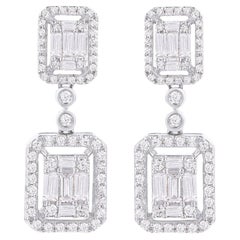 TJD 1.0 Carat Round and Baguette Diamond 14 Karat White Gold Dangle Earrings