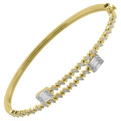 TJD 1.0 Carat Round and Baguette Diamond 14 Karat Yellow Gold Open Cuff Bangle