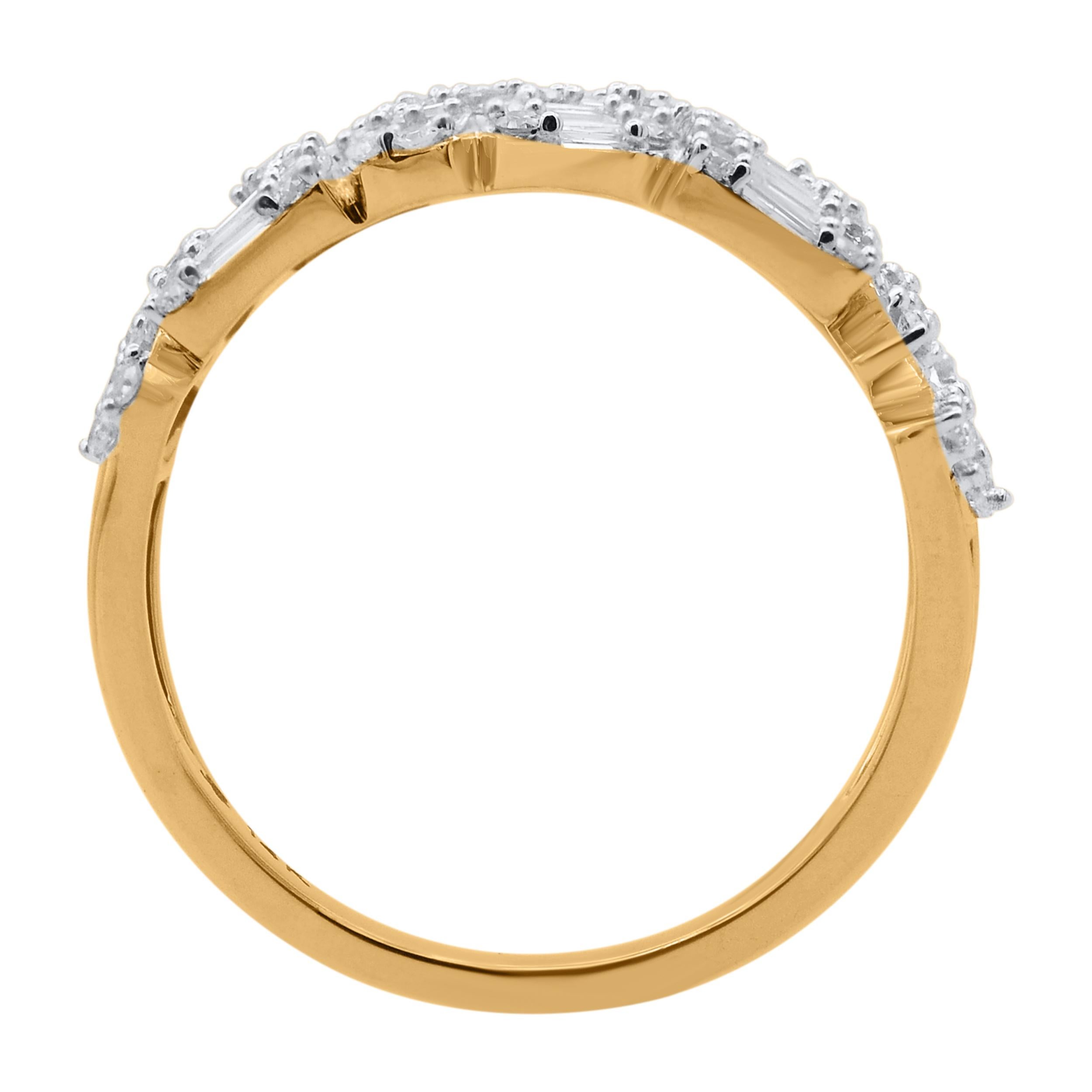 Bring charm to your look with this diamond ring. The ring is crafted from 14-karat gold in your choice of white, rose, or yellow, and features Round Brilliant 60 and Baguette - 63 white diamonds, Prong set, H-I color I2 clarity and a high polish