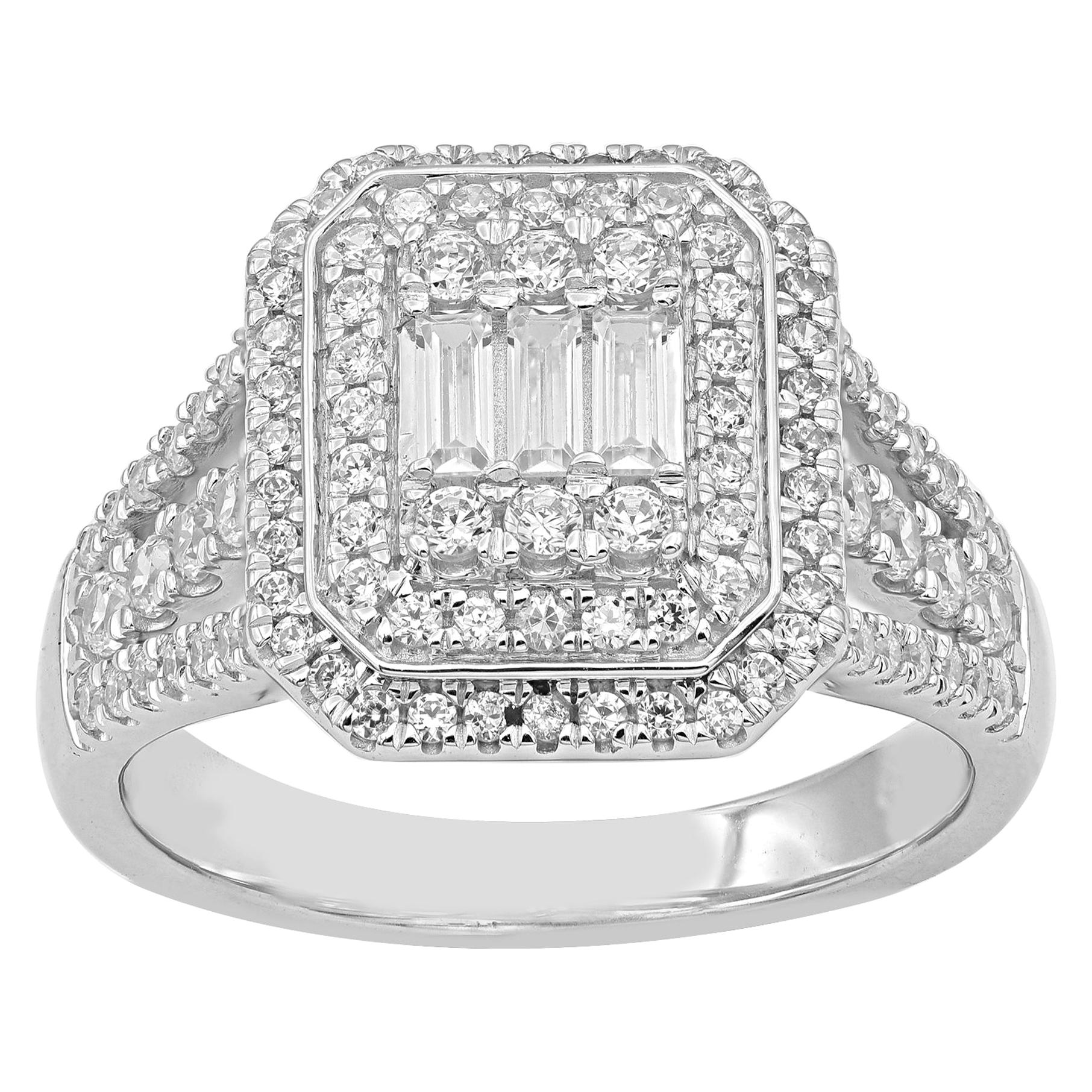 TJD 1.0 Carat Round and Baguette Diamond 14K White Gold Cluster Engagement Ring For Sale