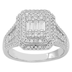 TJD 1.0 Carat Round and Baguette Diamond 14K White Gold Cluster Engagement Ring