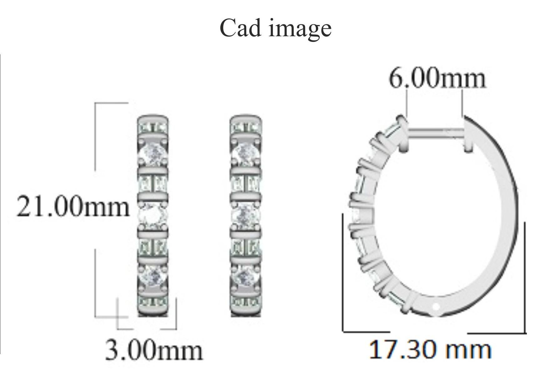 Taille ronde Créoles huggies en or jaune 14 carats avec diamants ronds et baguettes de 1,0 carat TJD en vente