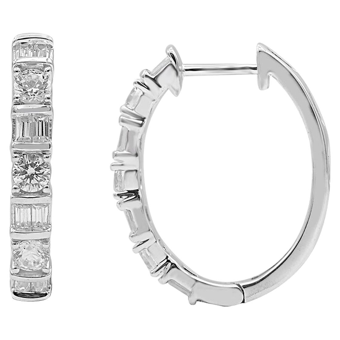 TJD 1.0 Carat Round and Baguette Diamond 14K Yellow Gold Huggie Hoop Earrings