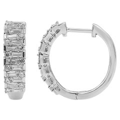 TJD 1.0 Carat Round and Baguette Diamond 14Kt White Gold Designer Hoop Earrings