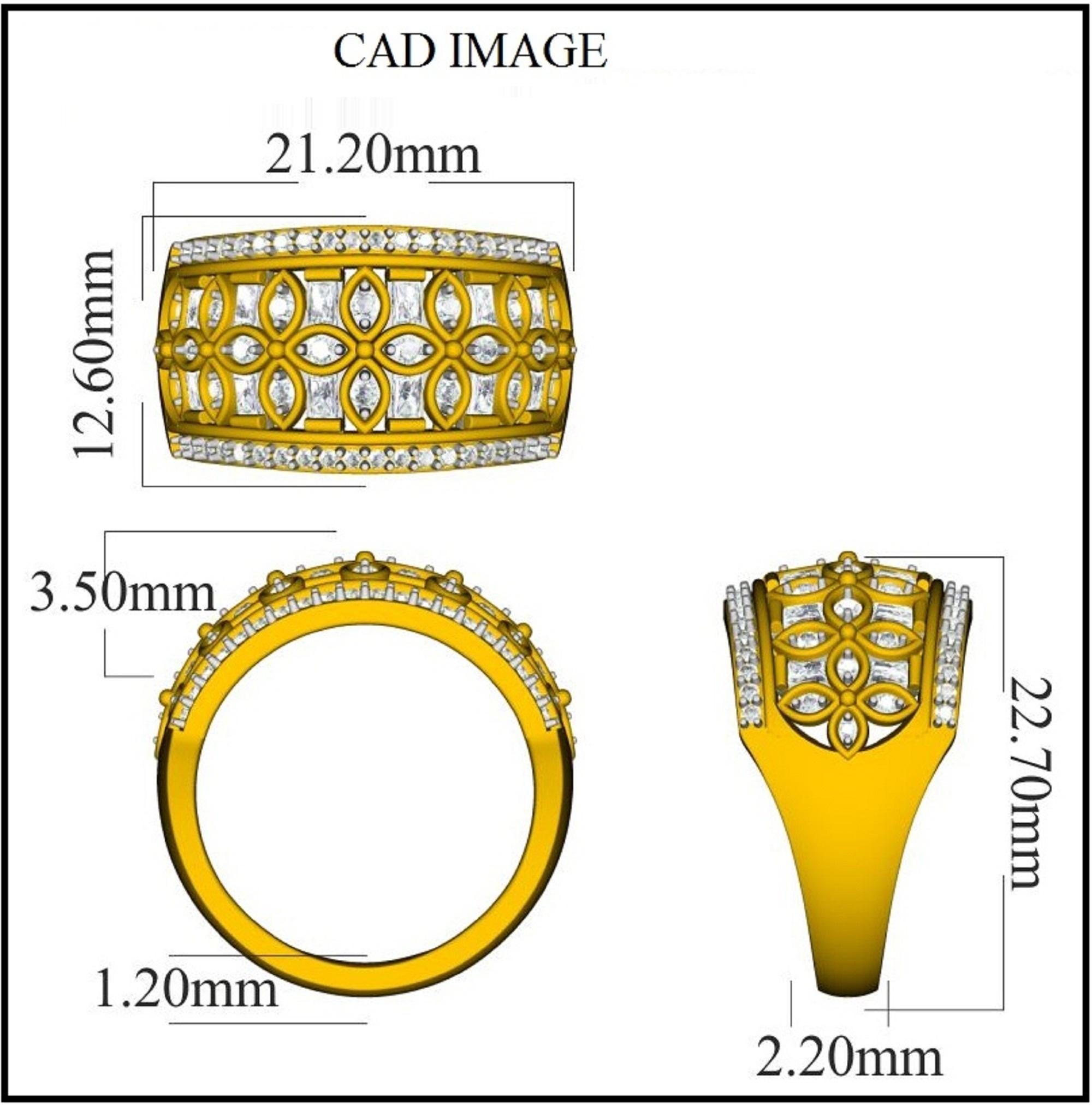 Dai un tocco di glamour alla tua collezione di gioielli con questo anello di fidanzamento con petali di diamante. Presenta un design floreale impreziosito da 62 diamanti rotondi e 12 diamanti taglio baguette con incastonatura a pavé, a griffe e a