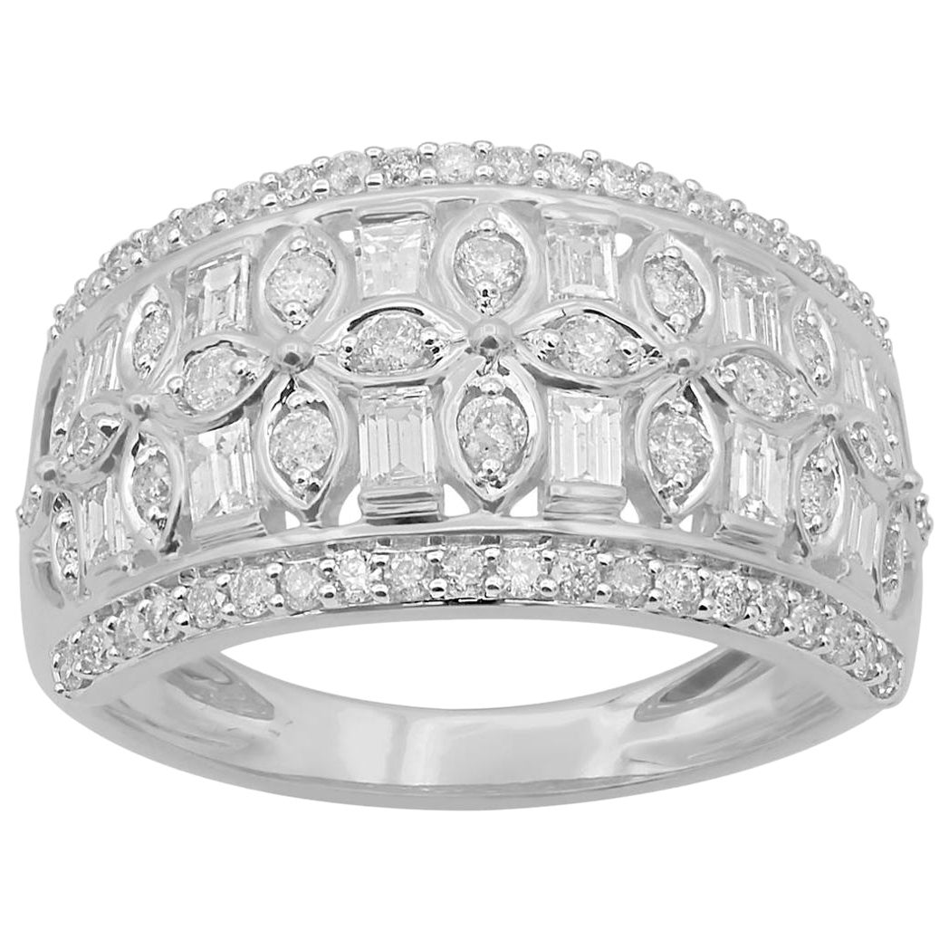 Bague de fiançailles en or blanc 14 carats avec diamants ronds et baguettes de 1,0 carat TJD