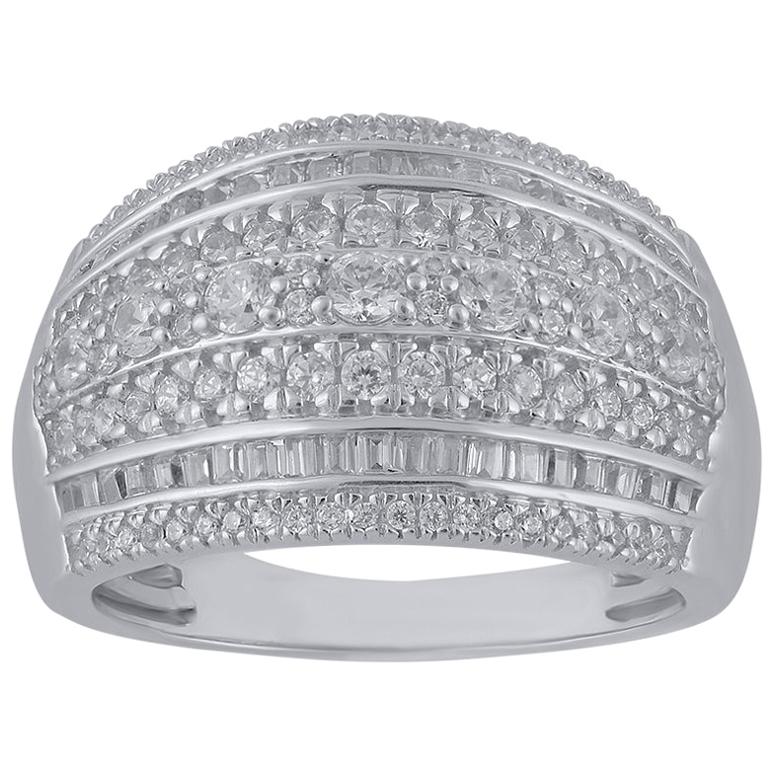 TJD 1.0 Carat Round and Baguette Diamond 14KT White Gold Multi-Row wedding Band For Sale
