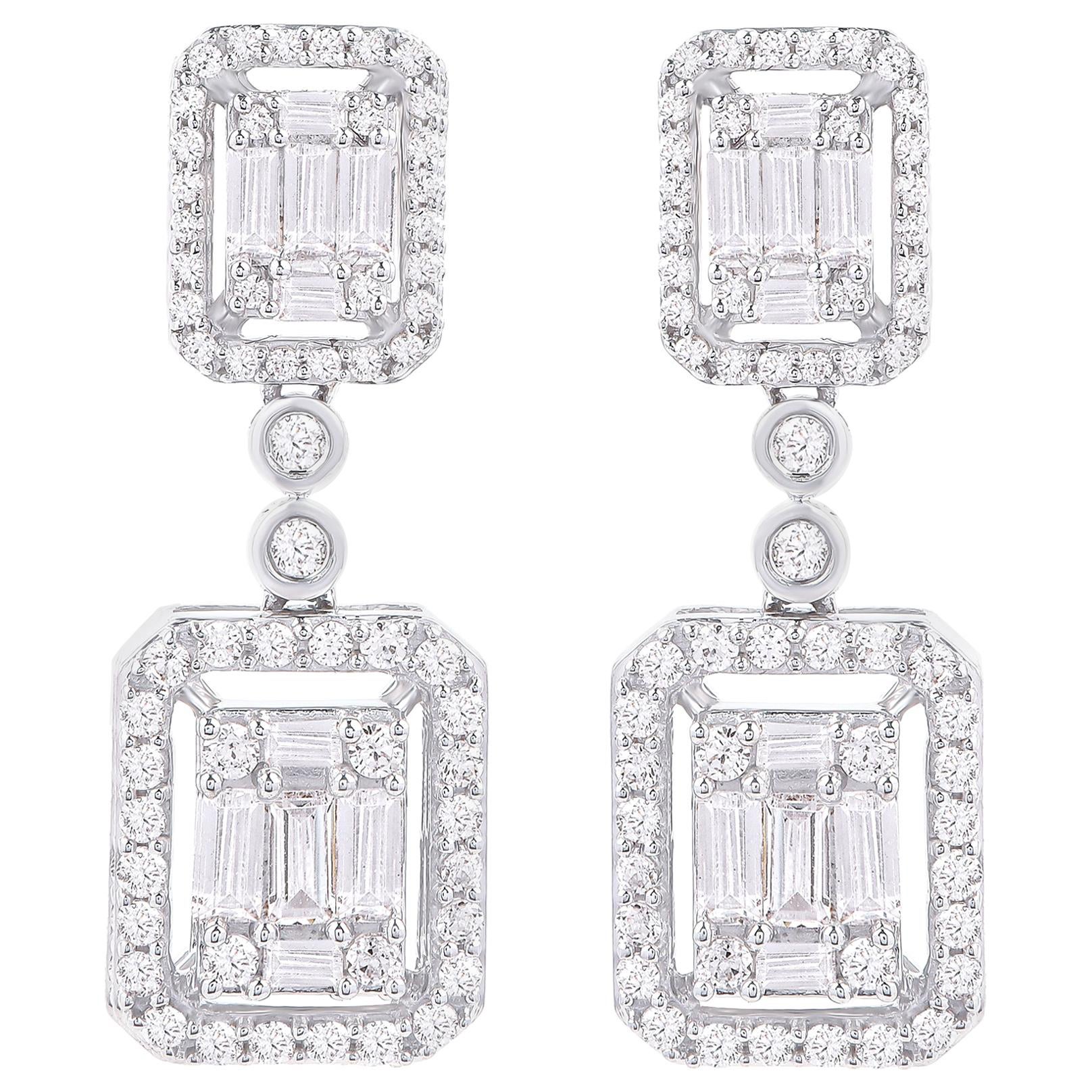 TJD 1.0 Carat Round and Baguette Diamond 18 Karat White Gold Dangle Earrings For Sale