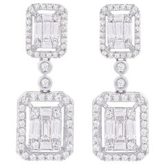 TJD 1.0 Carat Round and Baguette Diamond 18 Karat White Gold Dangle Earrings