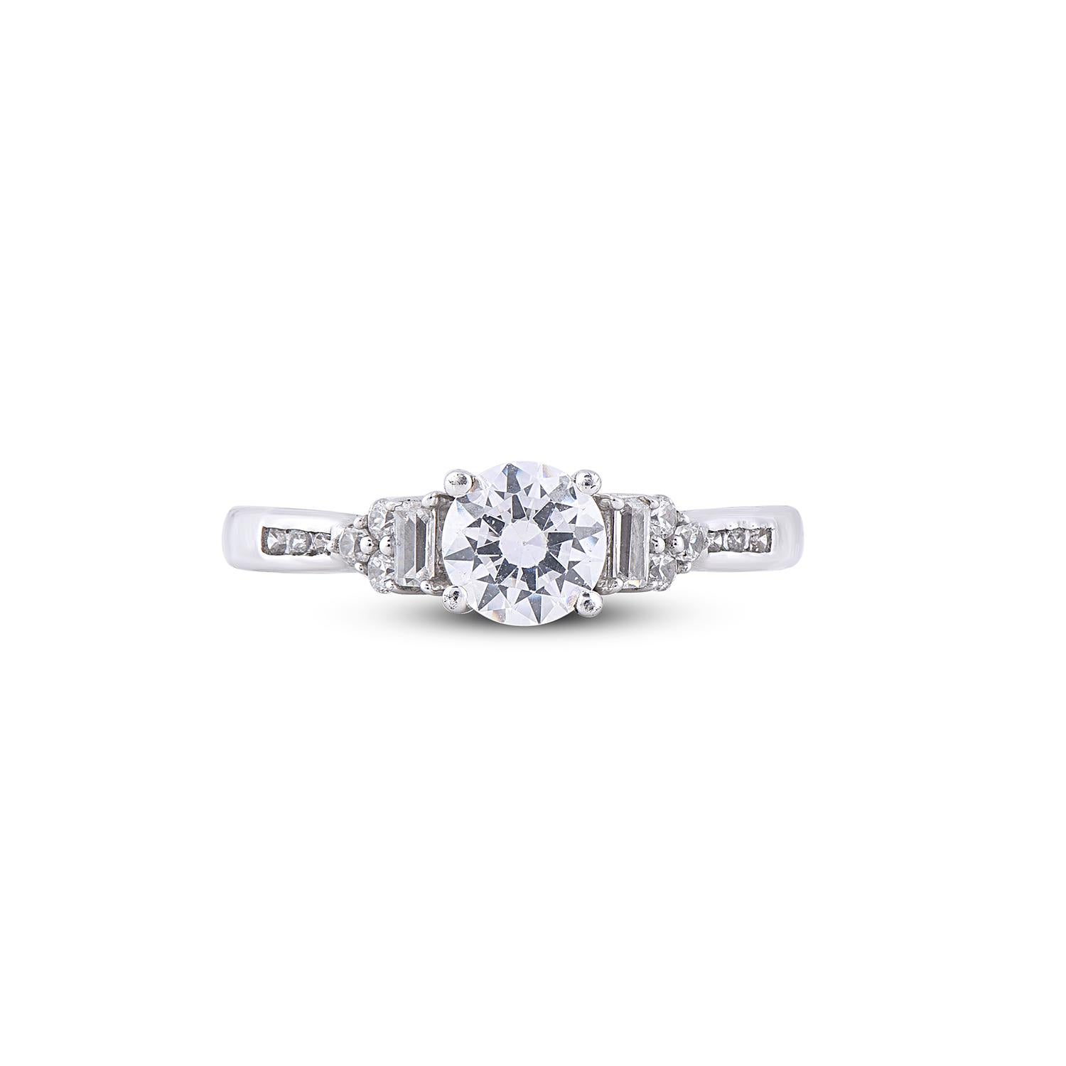 Contemporary TJD 1.0 Carat Round and Baguette Diamond 18 Karat White Gold Engagement Ring For Sale