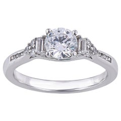 TJD 1.0 Carat Round and Baguette Diamond 18 Karat White Gold Engagement Ring