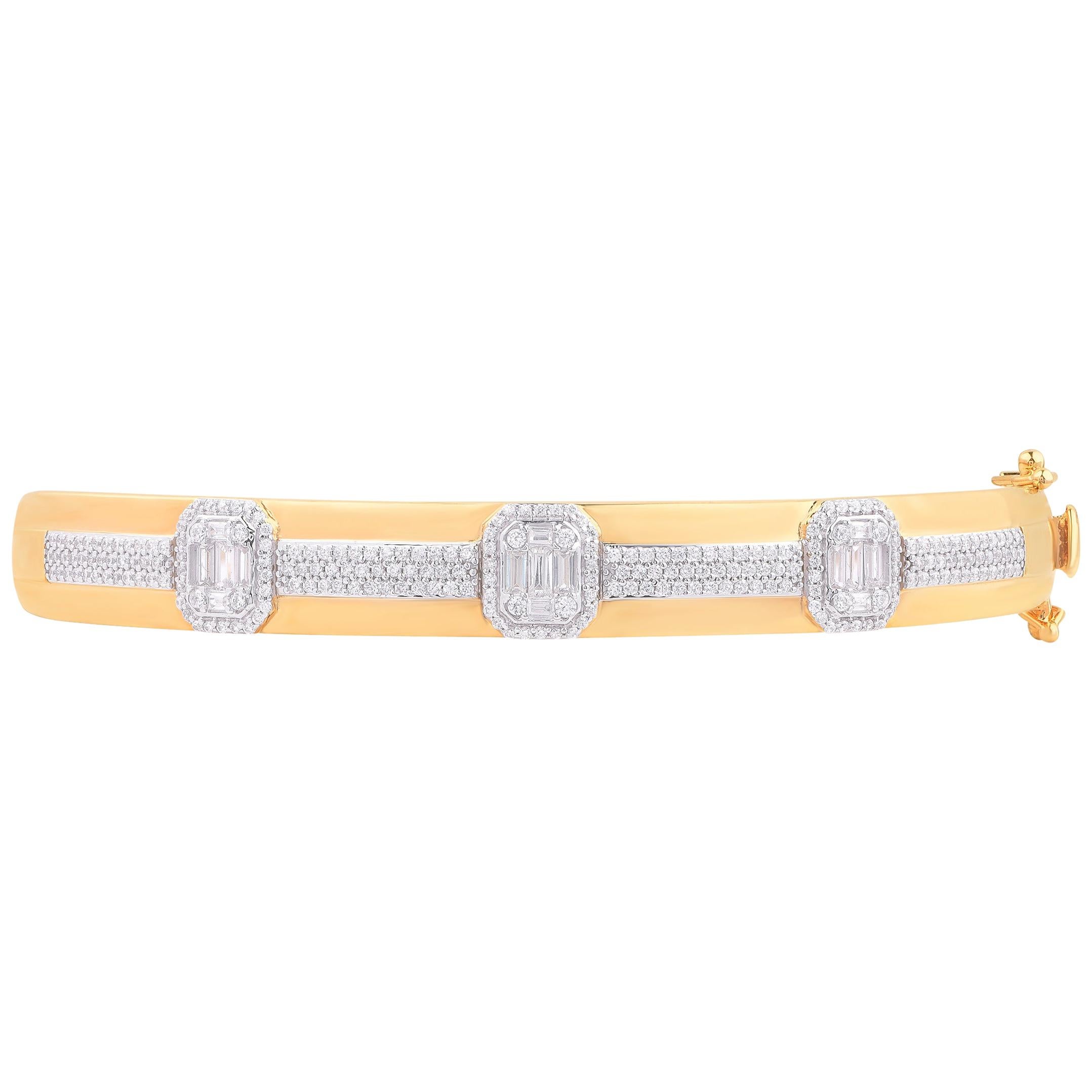 TJD 1.0 Carat Round and Baguette Diamond 18 Karat Yellow Gold Hinged Bangle