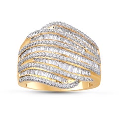 TJD 1.0 Carat Round and Baguette Diamond 18KT Yellow Gold Multi Row Wave Ring
