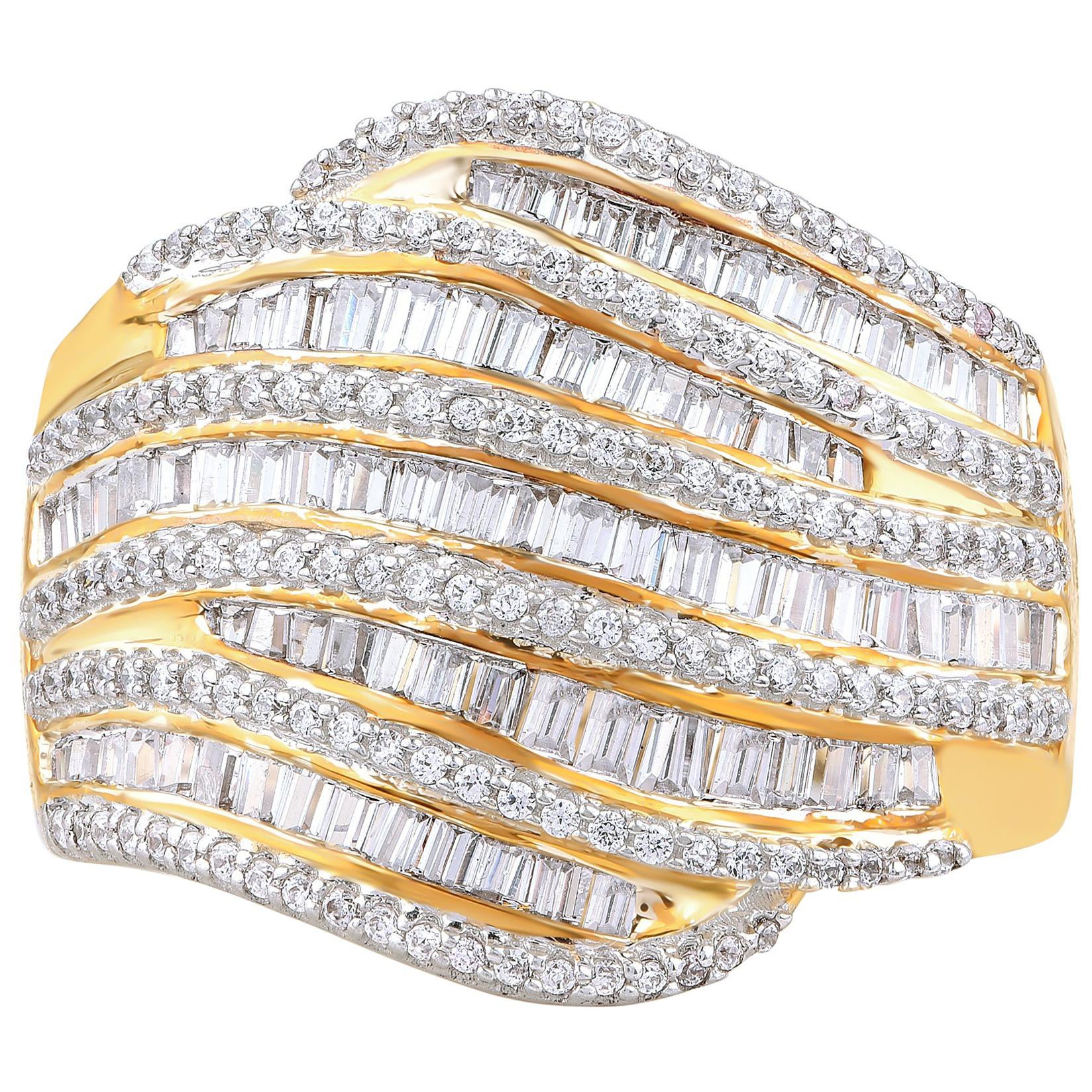TJD 1.0 Carat Round and Baguette Diamond 18KT Yellow Gold Multi Row Wave Ring For Sale