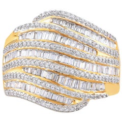 TJD 1.0 Carat Round and Baguette Diamond 18KT Yellow Gold Multi Row Wave Ring