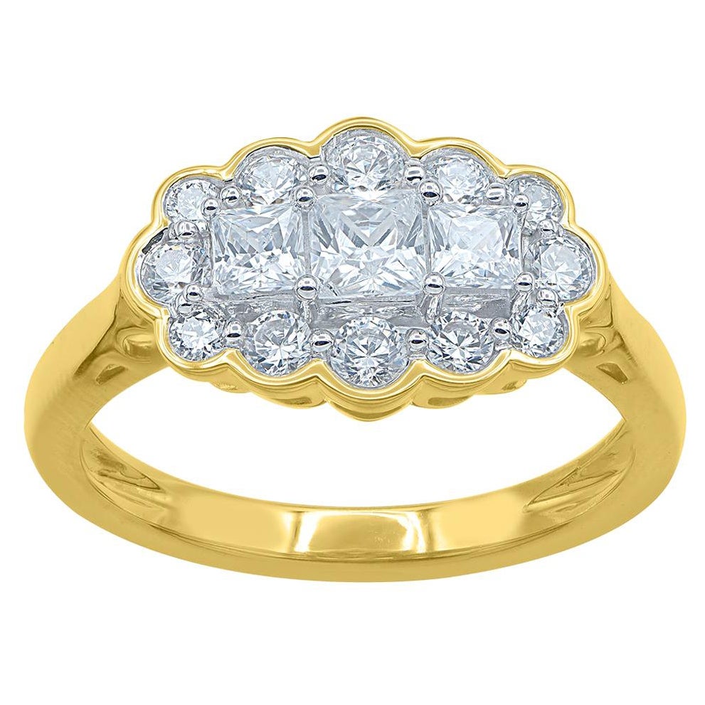 Anello TJD da 1,0 carati con diamante rotondo e taglio principessa in oro giallo 14 carati