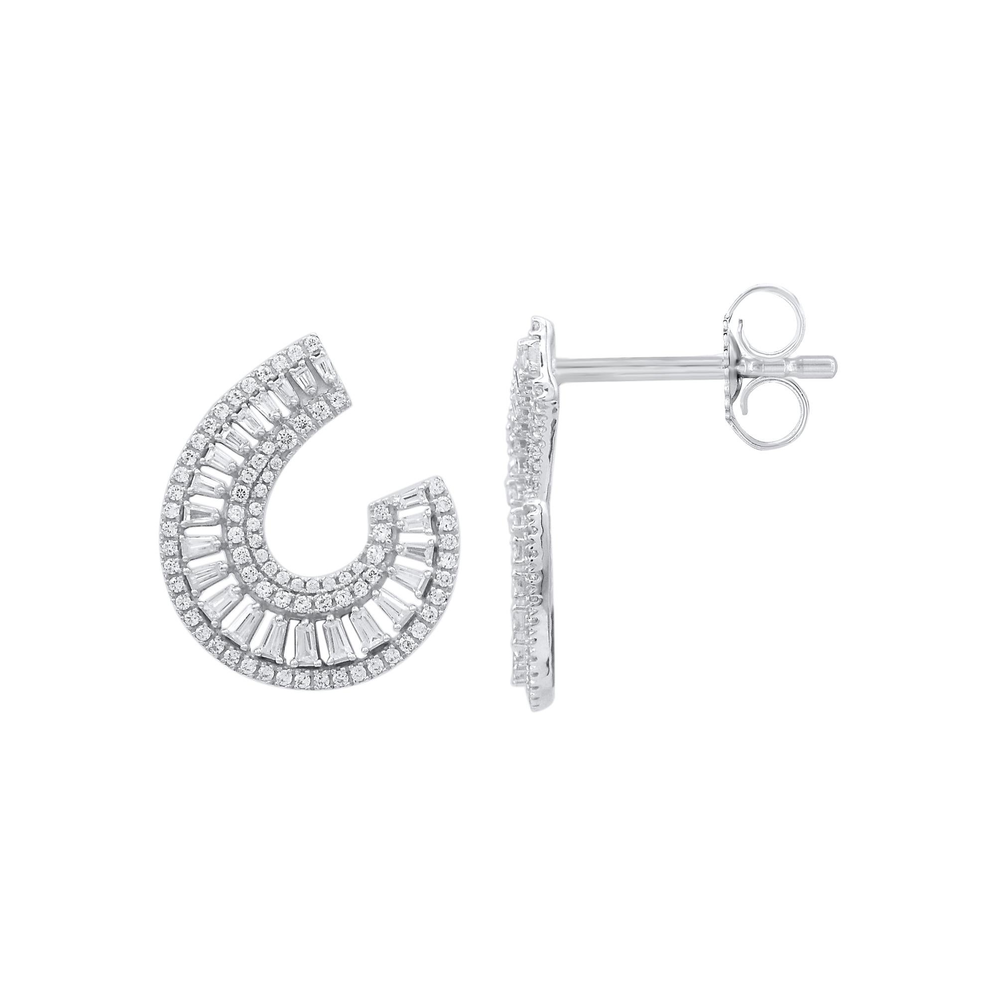 You'll adore the petite touch of shimmer these designer stud earrings add to your attire. Beautifully hand-crafted by our inhouse experts in 14 karat white gold and embellished with 198 single cut, brilliant cut round & baguette diamonds set in