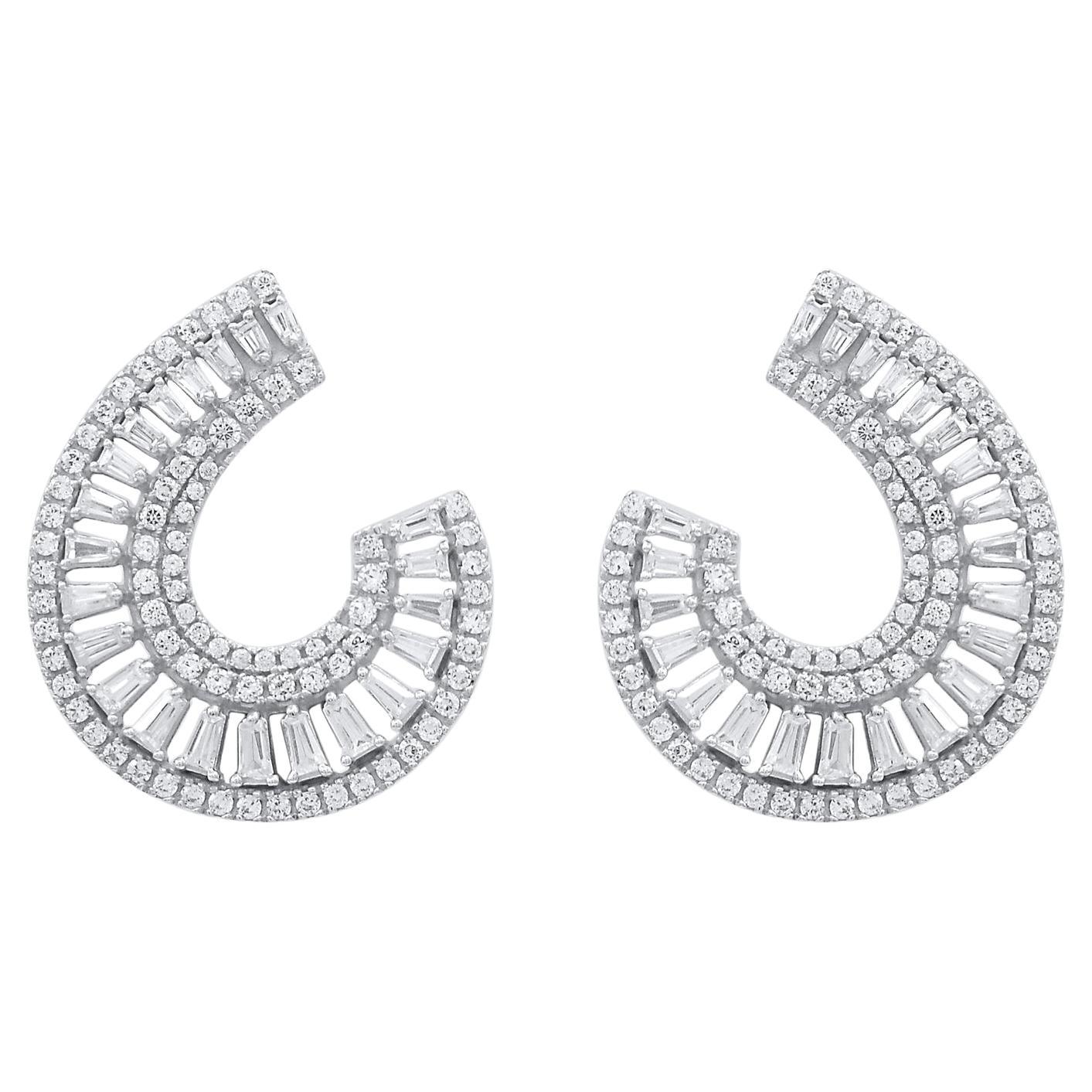TJD 1.0 Carat Round & Baguette Cut Diamond 14 Karat White Gold Stud Earrings For Sale