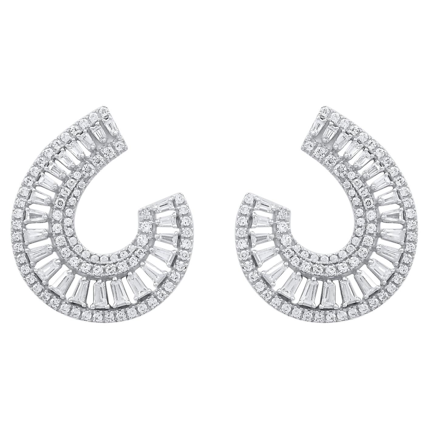 TJD 1.0 Carat Round & Baguette Cut Diamond 14 Karat White Gold Stud Earrings