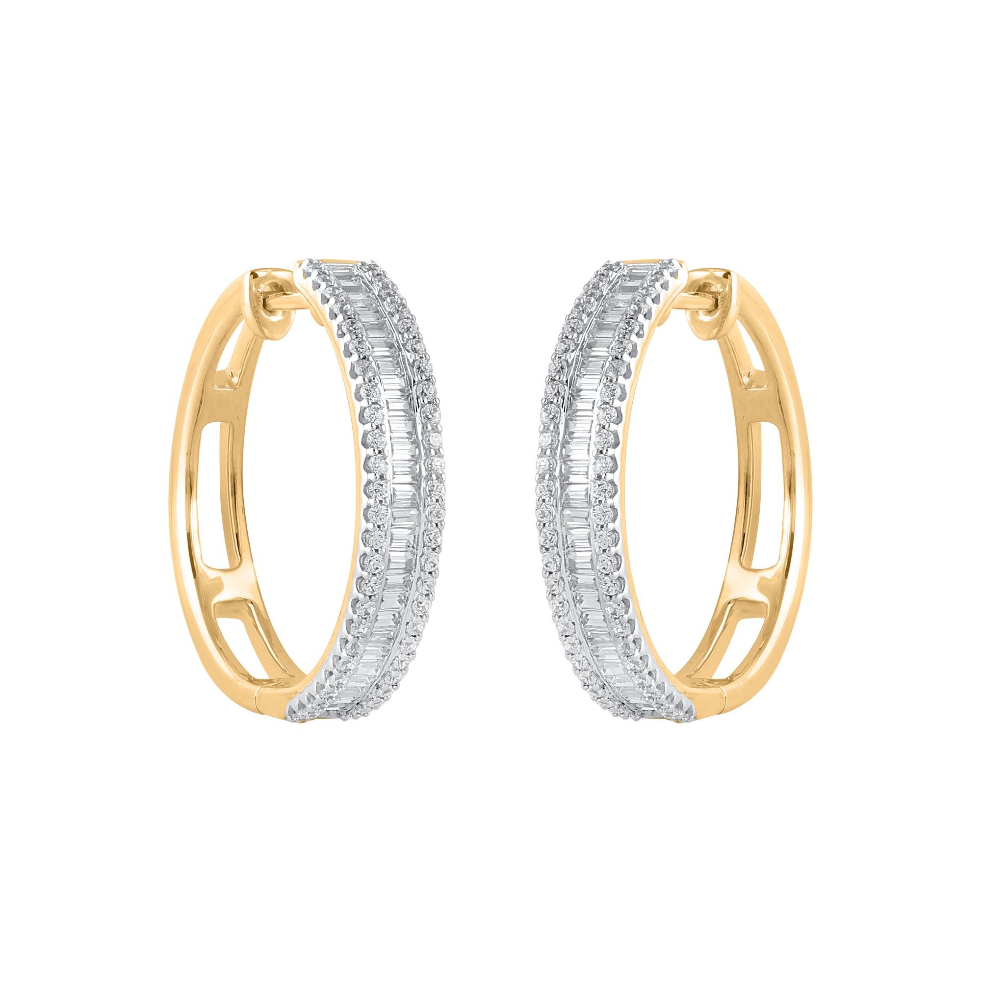 Contemporary TJD 1.0 Carat Round & Baguette Cut Diamond 14 Karat Yellow Gold Hoop Earrings For Sale