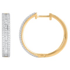 TJD 1.0 Carat Round & Baguette Cut Diamond 14 Karat Yellow Gold Hoop Earrings