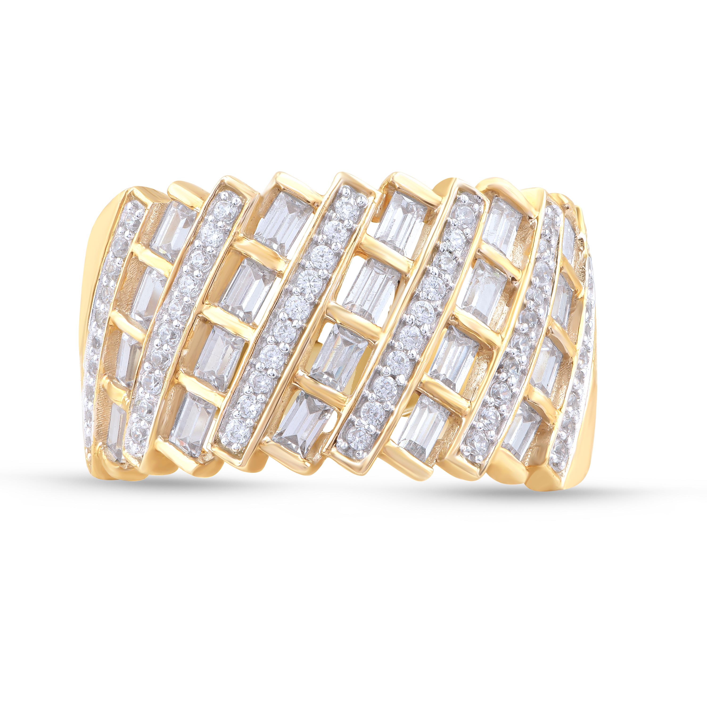 Lassen Sie Ihren schönsten Tag mit diesem Ehering erstrahlen. Er wurde von unseren Experten in 14 Karat Gelbgold gefertigt und mit 100 runden Diamanten im Brillantschliff und Baguette-Diamanten in Pflaster- und Kanalfassung verziert. Das