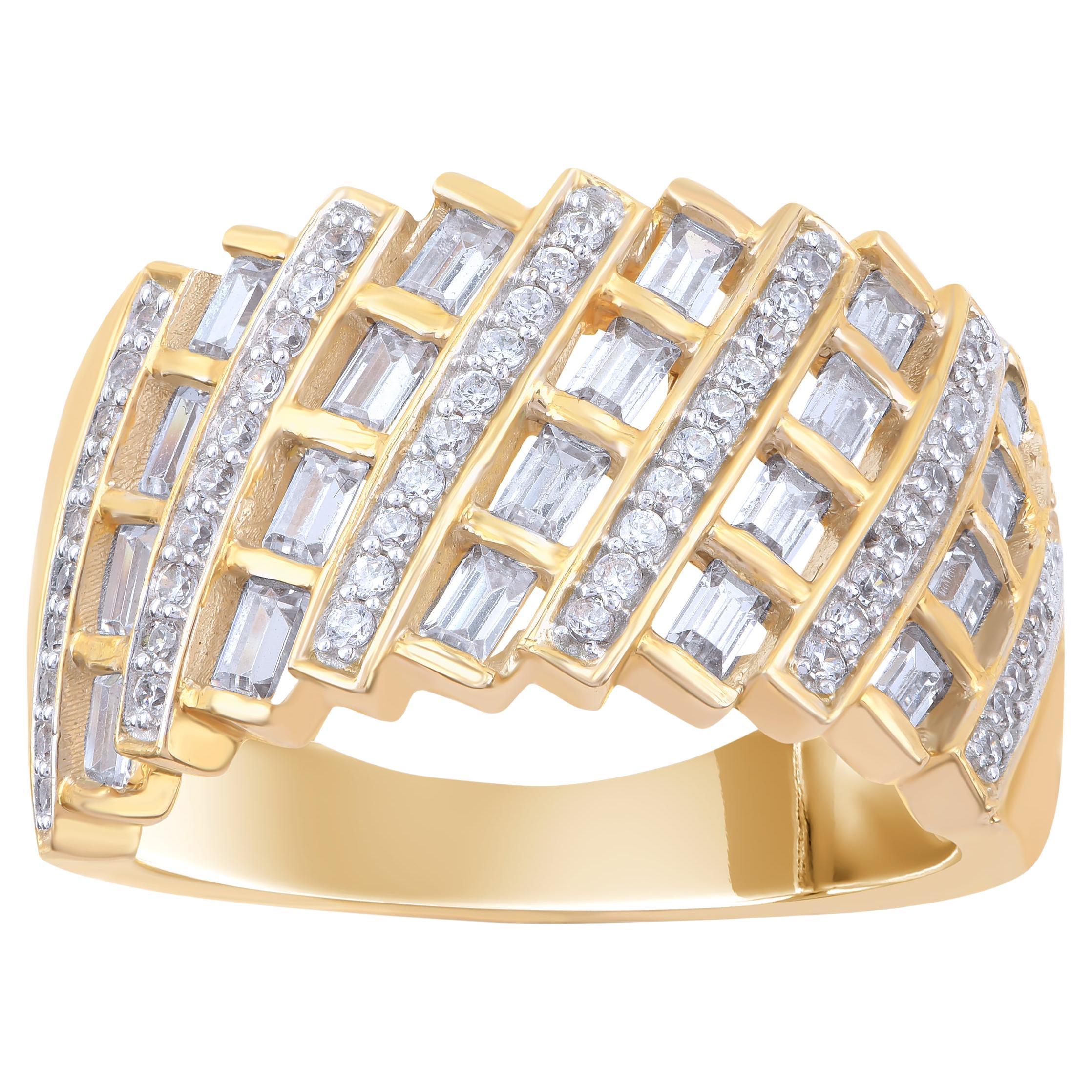 TJD 1.0 Carat Round & Baguette Cut Diamond 14KT Yellow Gold Wedding Band Ring For Sale