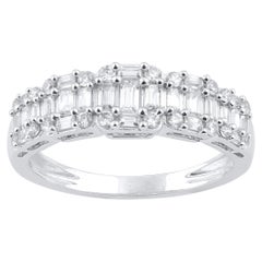 TJD 1.0 Carat Round & Baguette Cut Diamond 18 Karat White Gold Wedding Band Ring