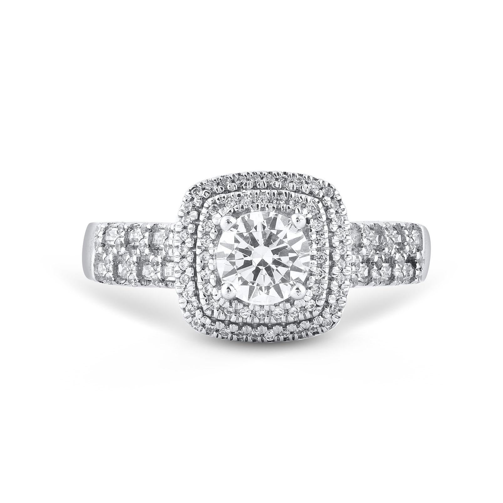 Elegant and graceful, this diamond ring is beautifully crafted in 14KT white gold. These diamond ring are studded with 117 single cut, brilliant cut round diamonds and baguette cut diamonds in prong, pave and channel setting. The white diamonds are