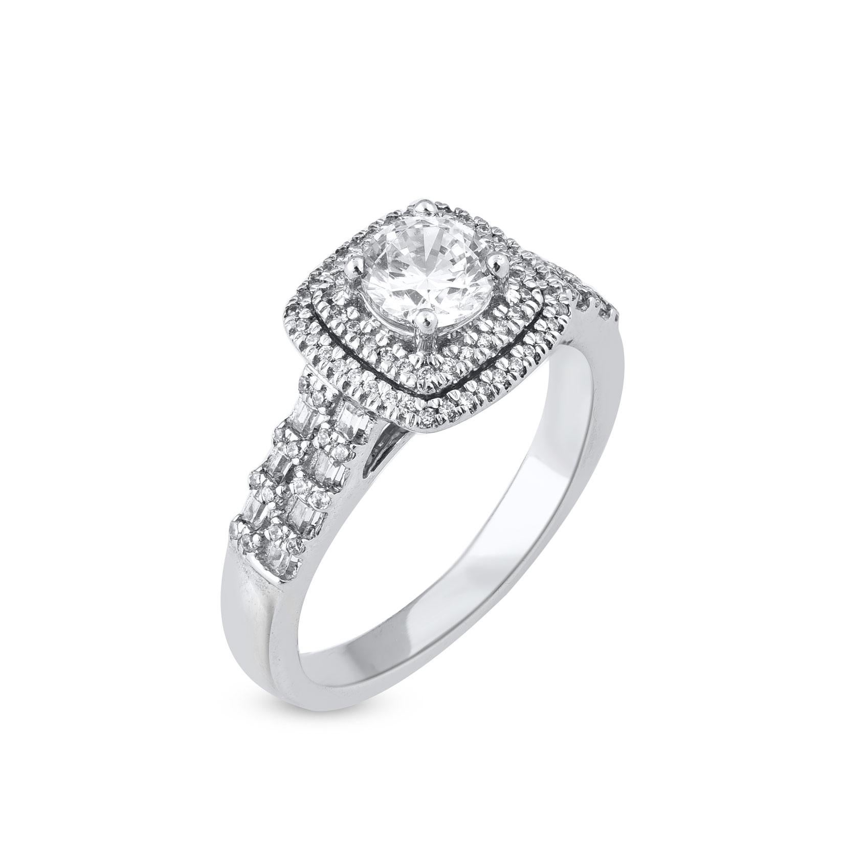 Modern TJD 1.0 Carat Round & Baguette Diamond 14 Karat White Gold Anniversary Ring For Sale