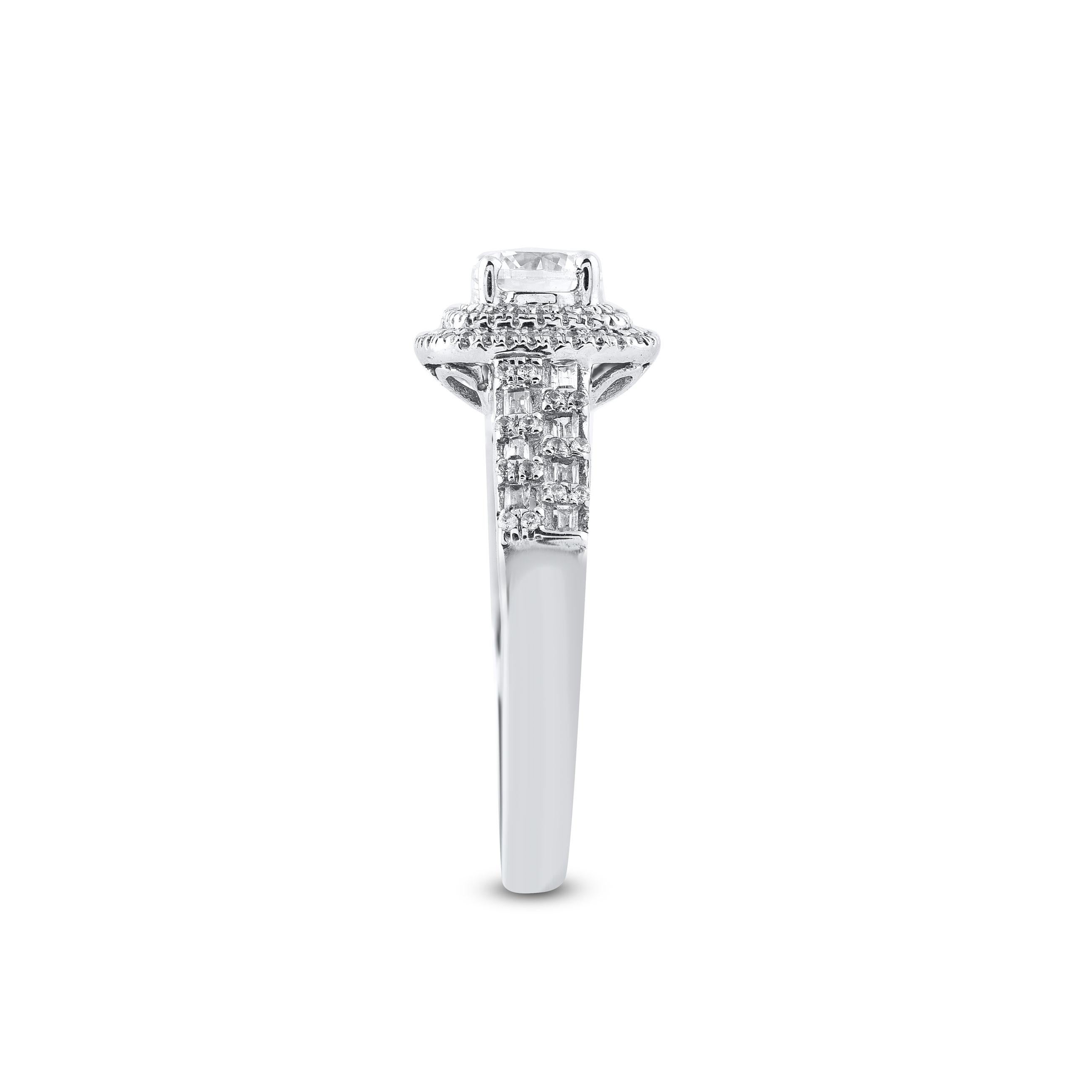 Mixed Cut TJD 1.0 Carat Round & Baguette Diamond 14 Karat White Gold Anniversary Ring For Sale