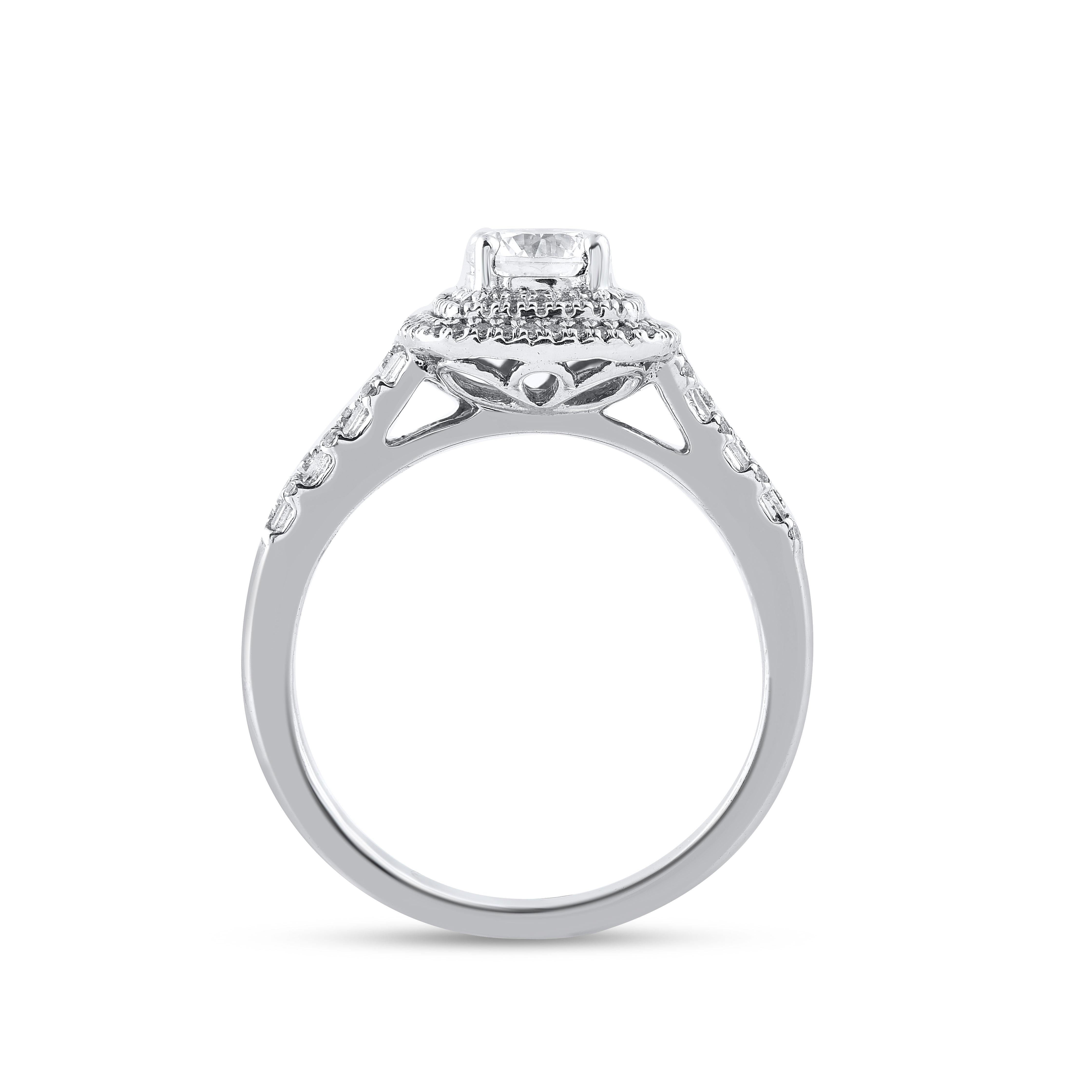 TJD 1.0 Carat Round & Baguette Diamond 14 Karat White Gold Anniversary Ring In New Condition For Sale In New York, NY